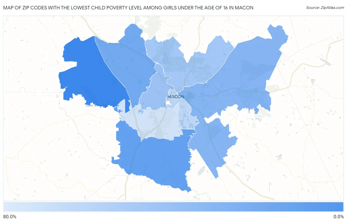 Zip Codes with the Lowest Child Poverty Level Among Girls Under the Age of 16 in Macon Map
