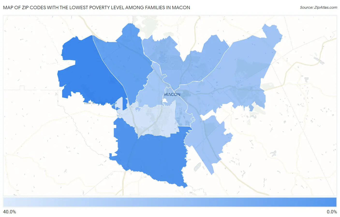 Zip Codes with the Lowest Poverty Level Among Families in Macon Map