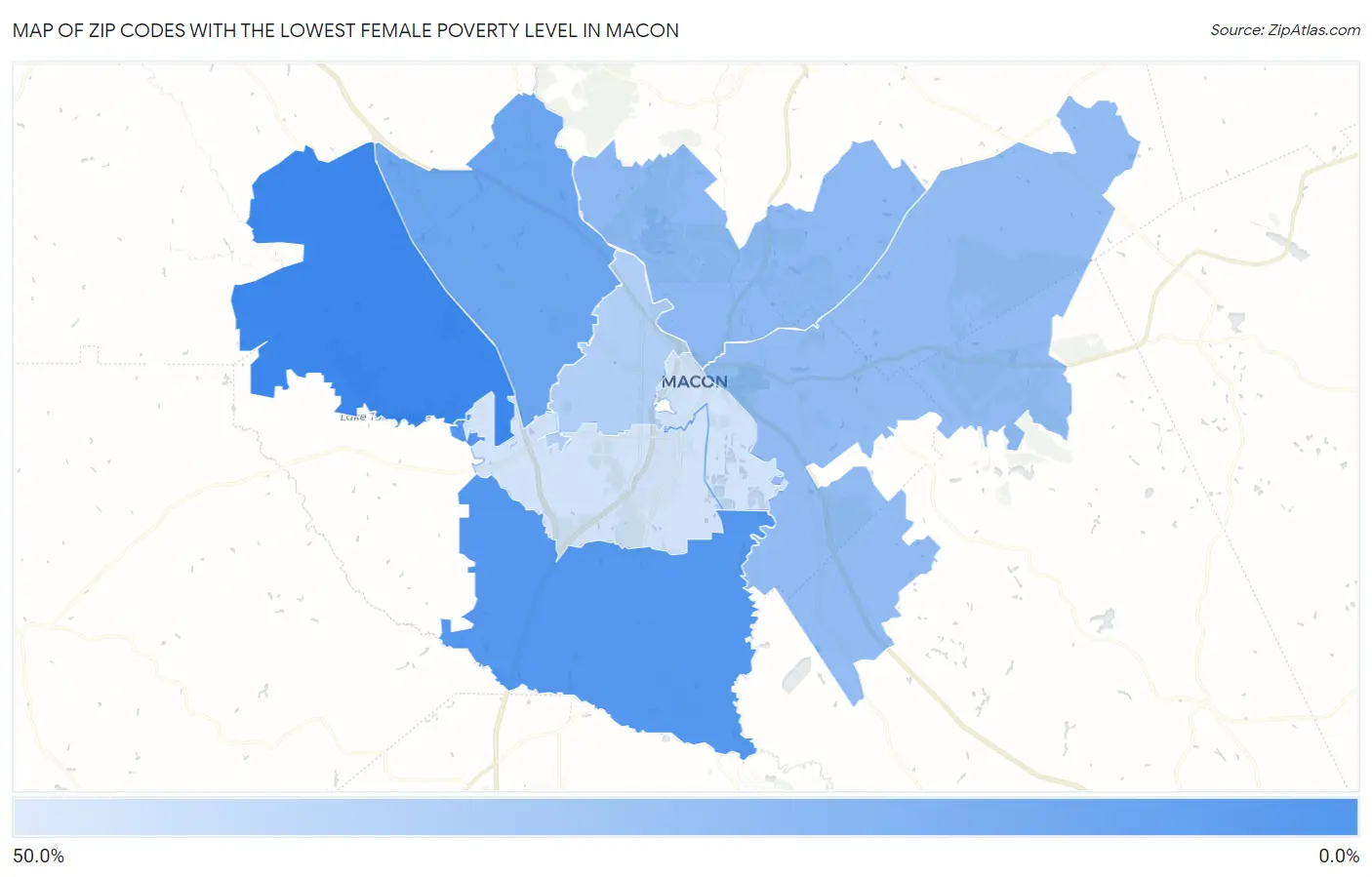 Zip Codes with the Lowest Female Poverty Level in Macon Map