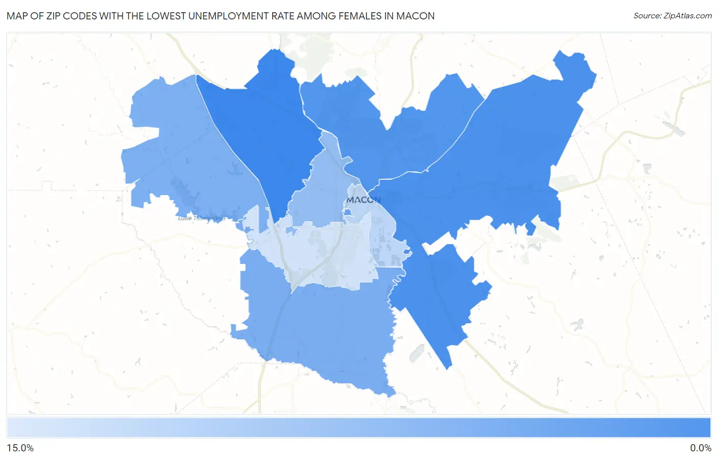 Zip Codes with the Lowest Unemployment Rate Among Females in Macon Map