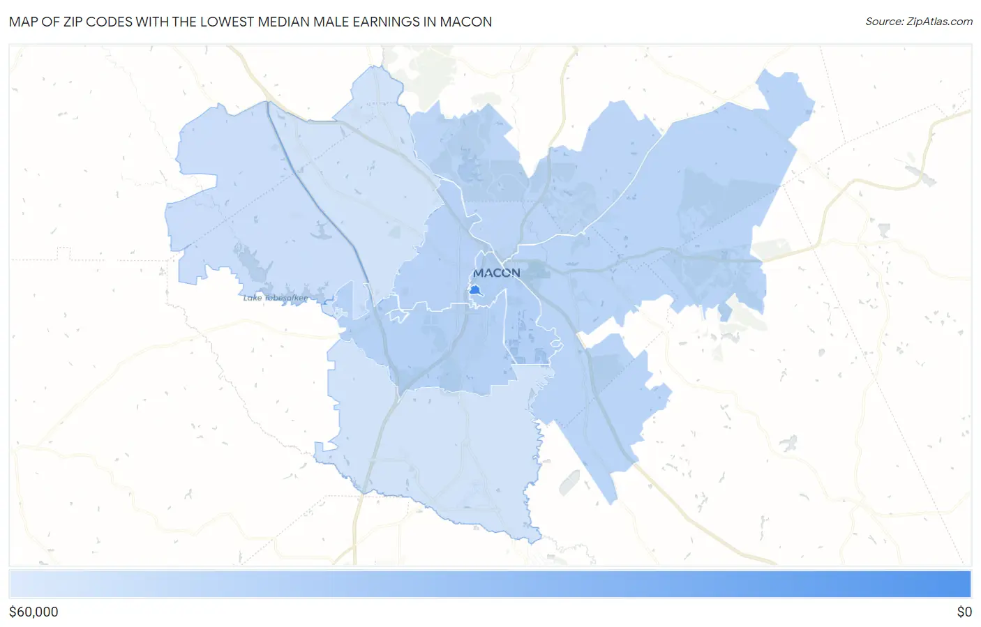Zip Codes with the Lowest Median Male Earnings in Macon Map