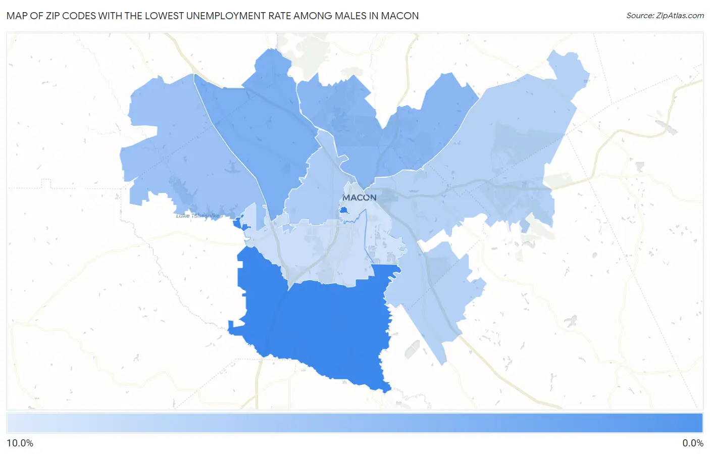 Zip Codes with the Lowest Unemployment Rate Among Males in Macon Map