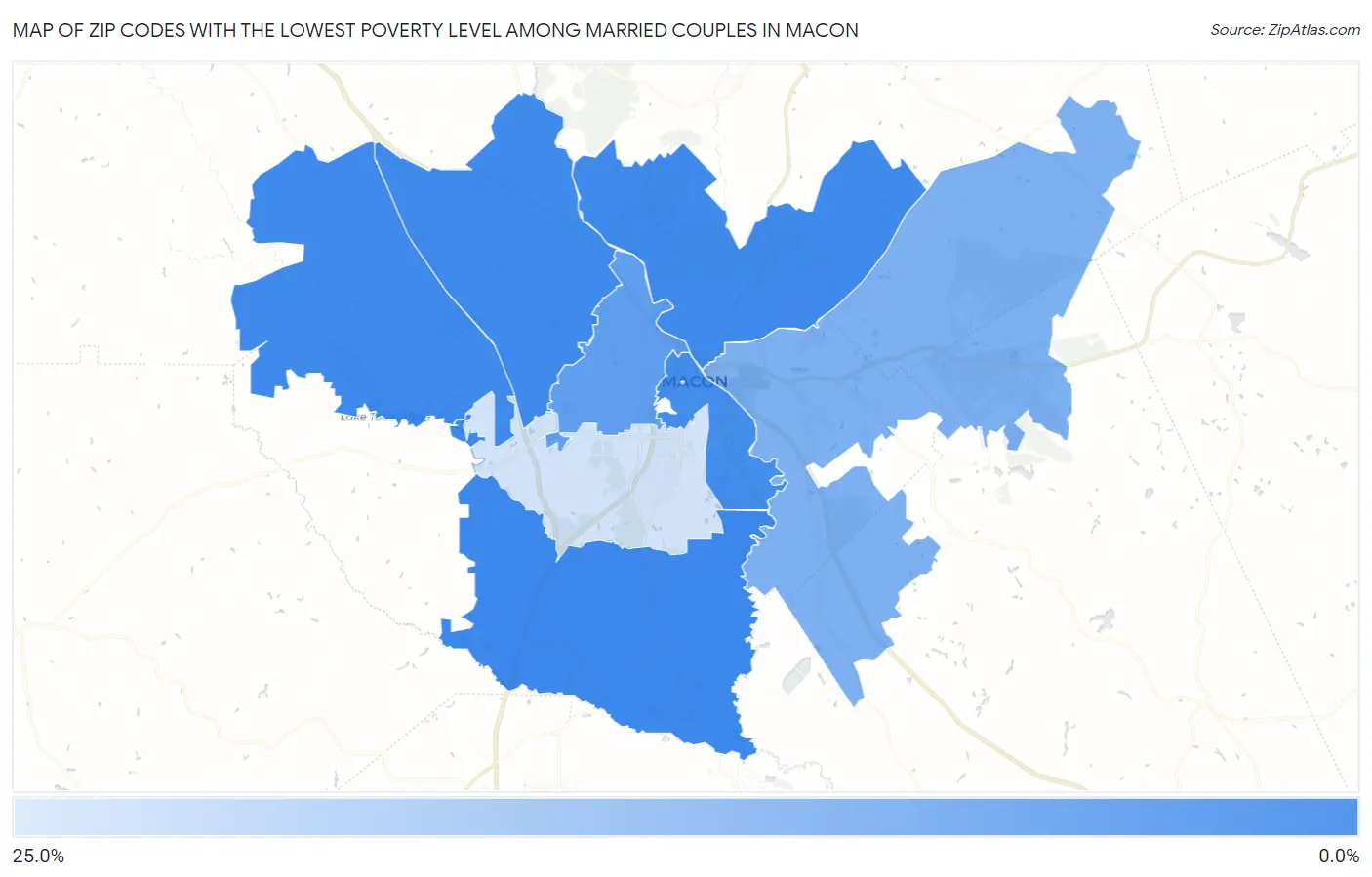 Zip Codes with the Lowest Poverty Level Among Married Couples in Macon Map