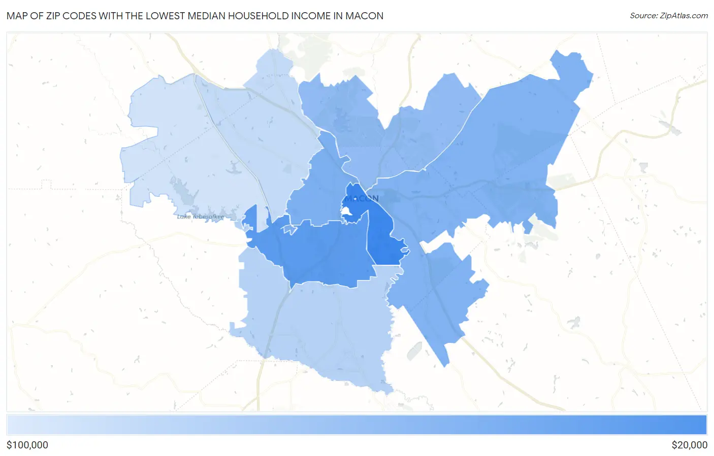 Zip Codes with the Lowest Median Household Income in Macon Map