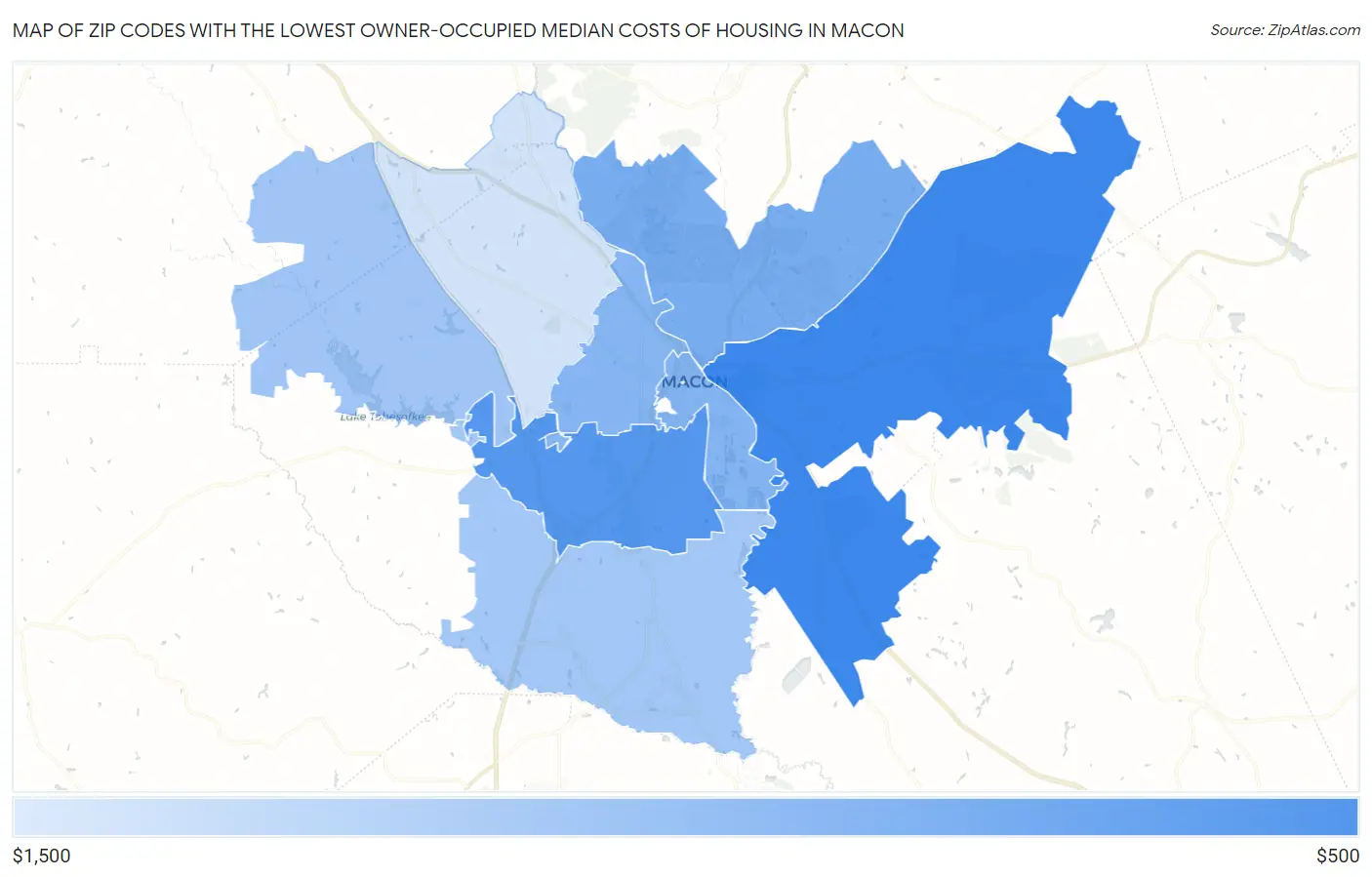 Zip Codes with the Lowest Owner-Occupied Median Costs of Housing in Macon Map