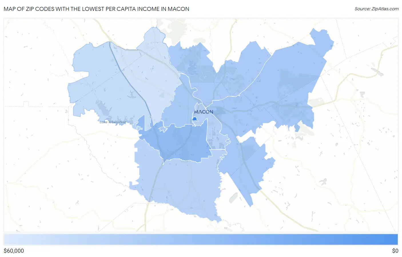 Zip Codes with the Lowest Per Capita Income in Macon Map
