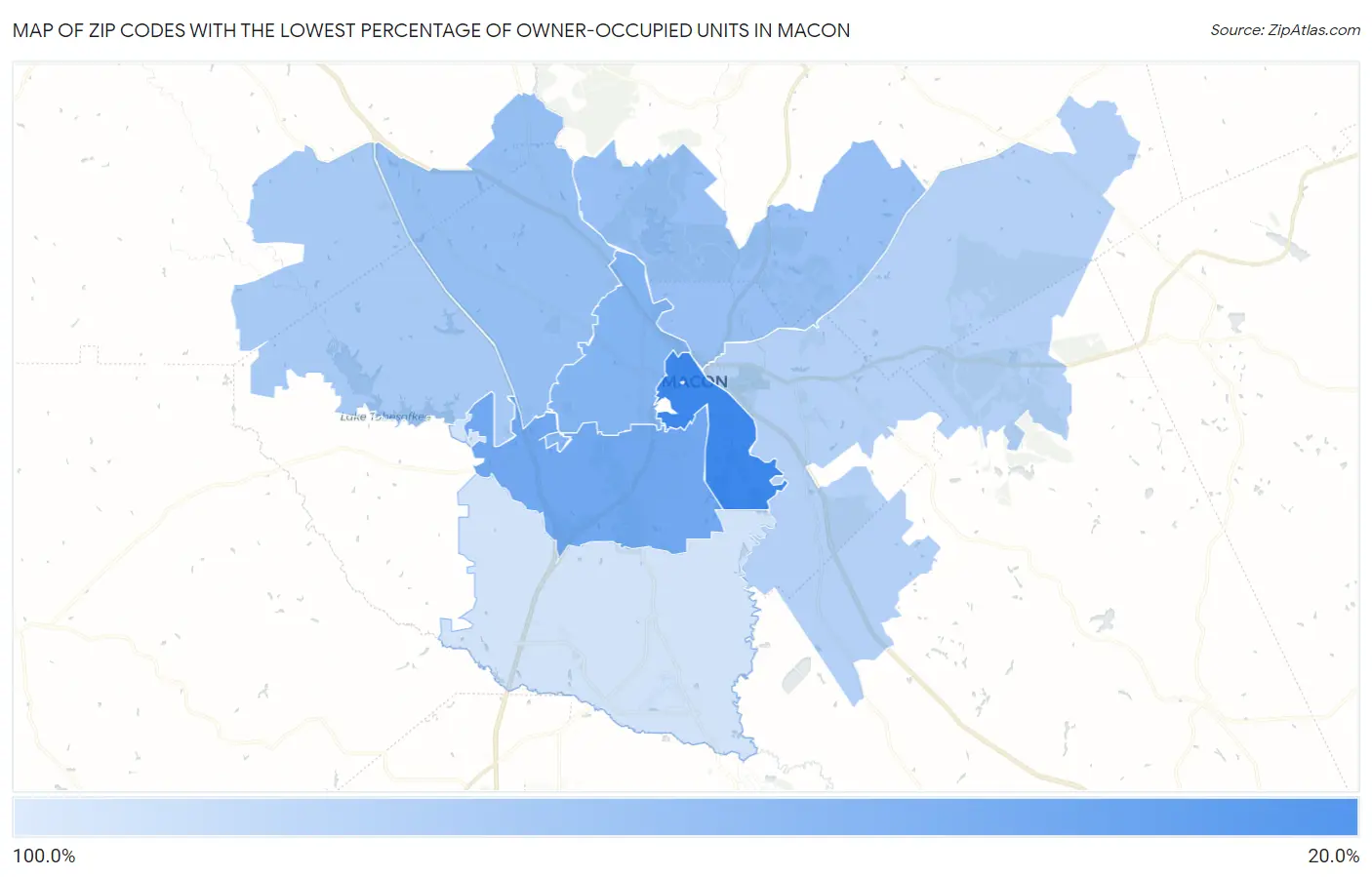 Zip Codes with the Lowest Percentage of Owner-Occupied Units in Macon Map