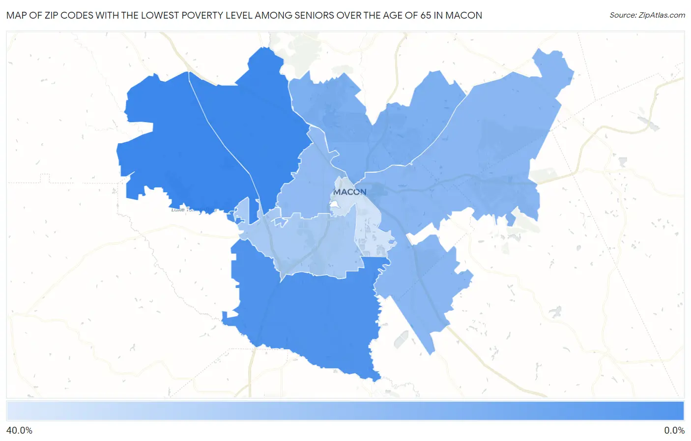 Zip Codes with the Lowest Poverty Level Among Seniors Over the Age of 65 in Macon Map