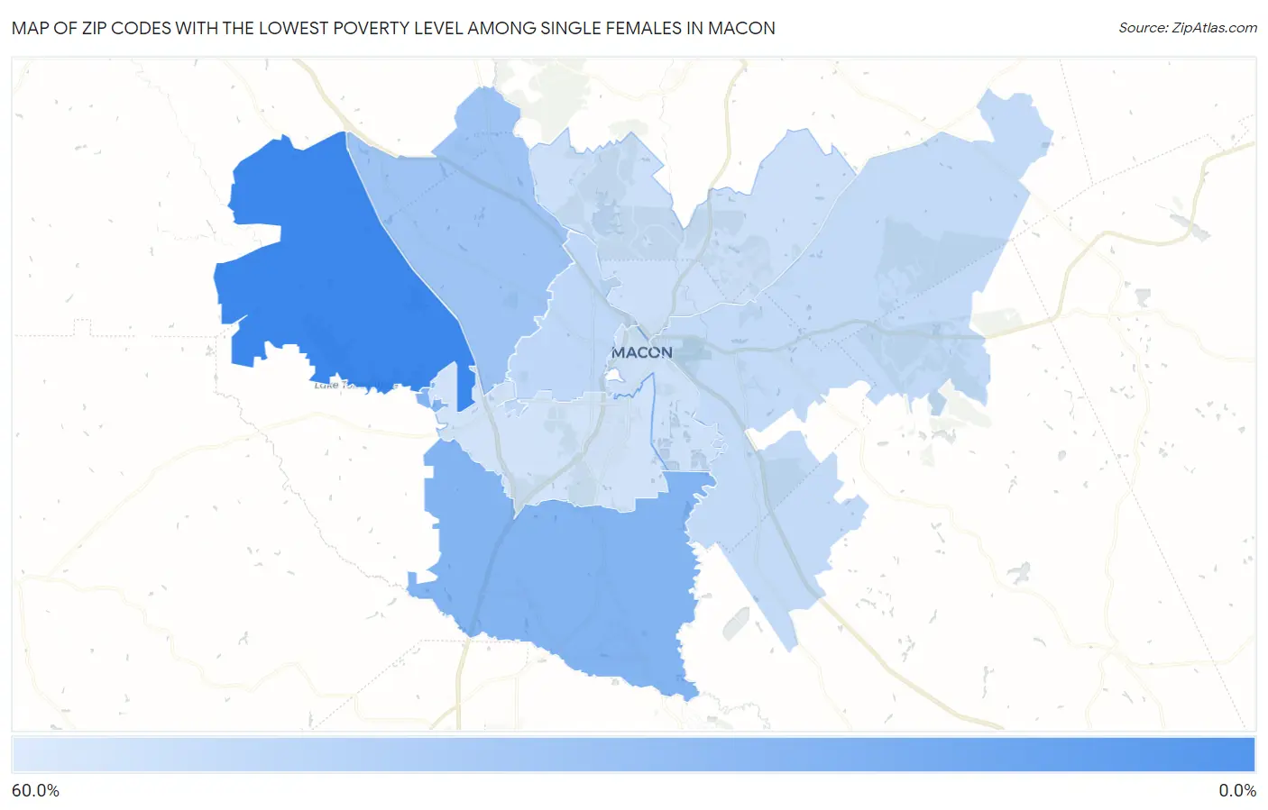 Zip Codes with the Lowest Poverty Level Among Single Females in Macon Map