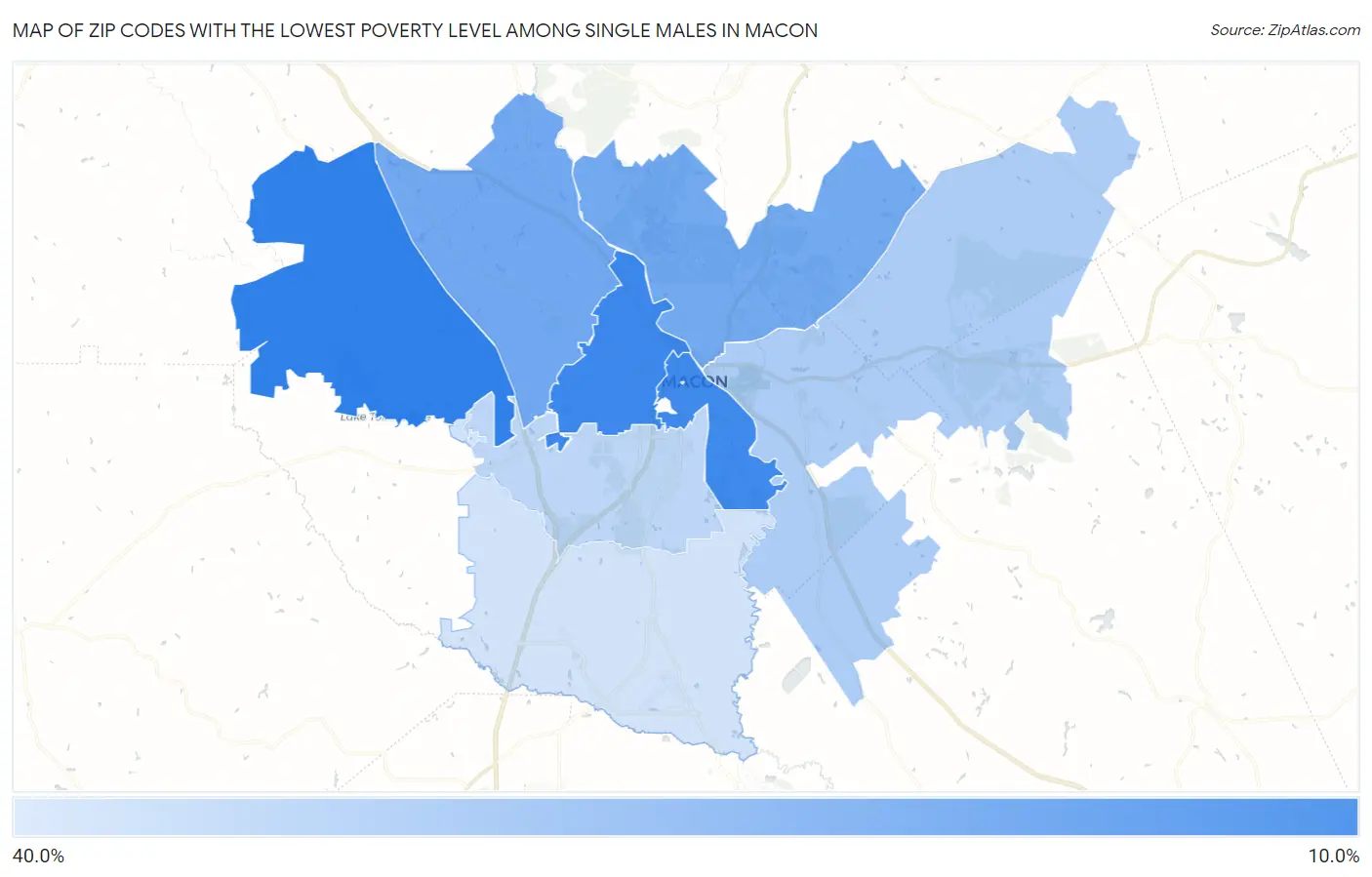 Zip Codes with the Lowest Poverty Level Among Single Males in Macon Map