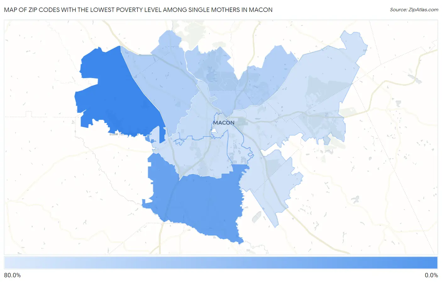 Zip Codes with the Lowest Poverty Level Among Single Mothers in Macon Map