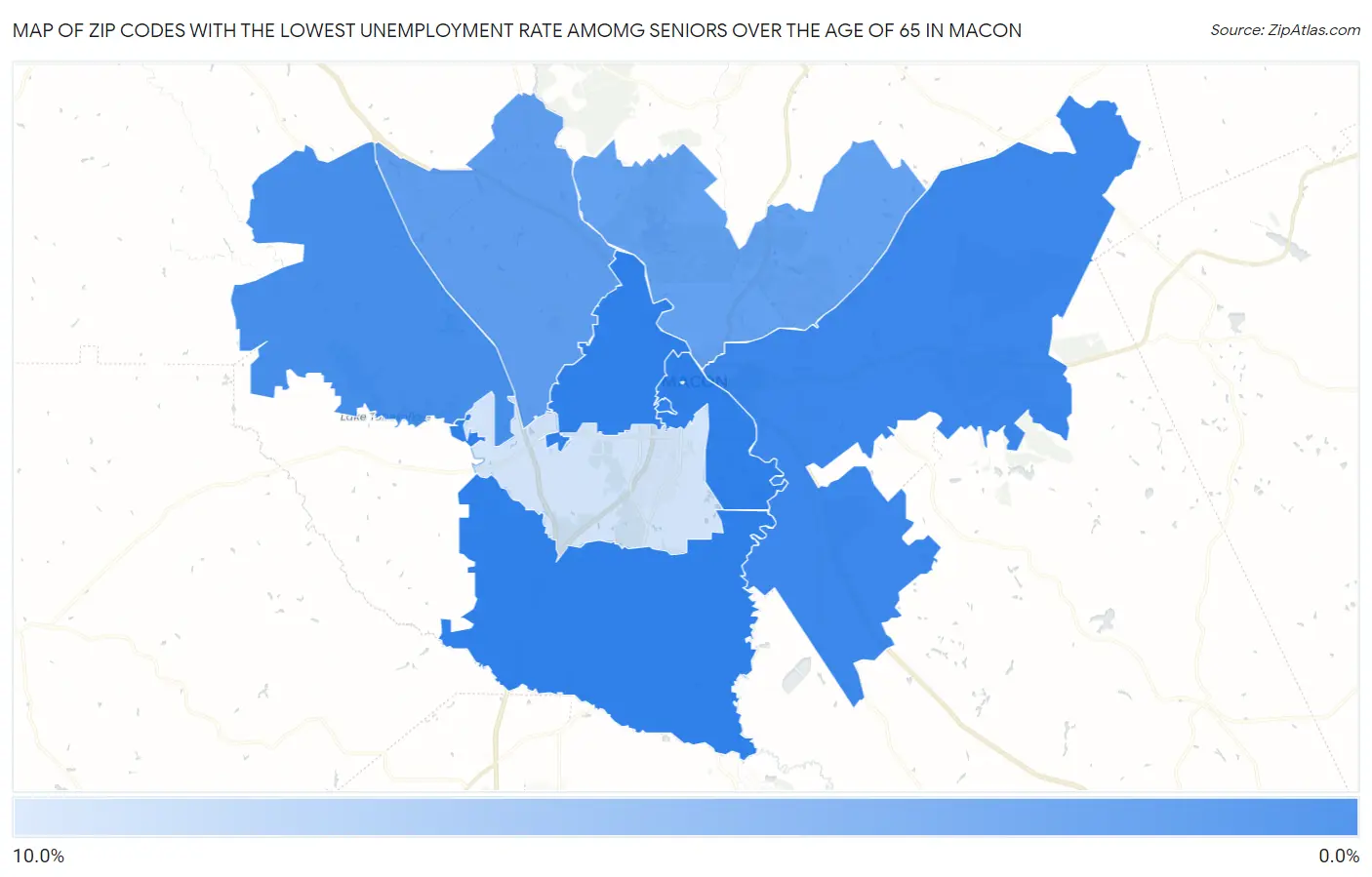 Zip Codes with the Lowest Unemployment Rate Amomg Seniors Over the Age of 65 in Macon Map