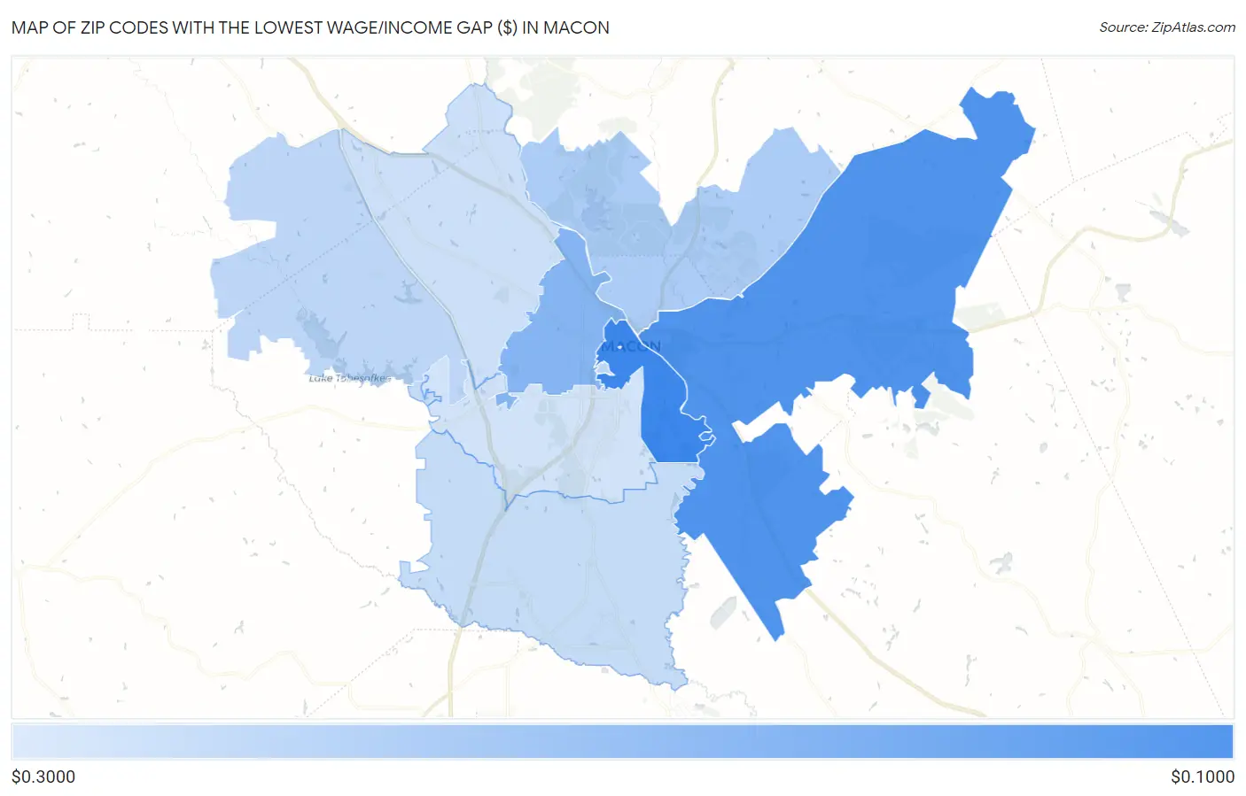 Zip Codes with the Lowest Wage/Income Gap ($) in Macon Map
