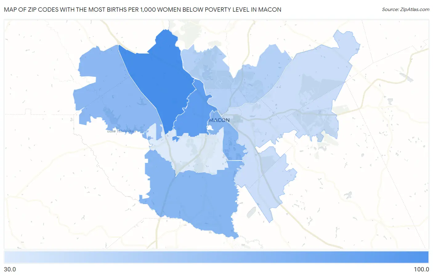 Zip Codes with the Most Births per 1,000 Women Below Poverty Level in Macon Map