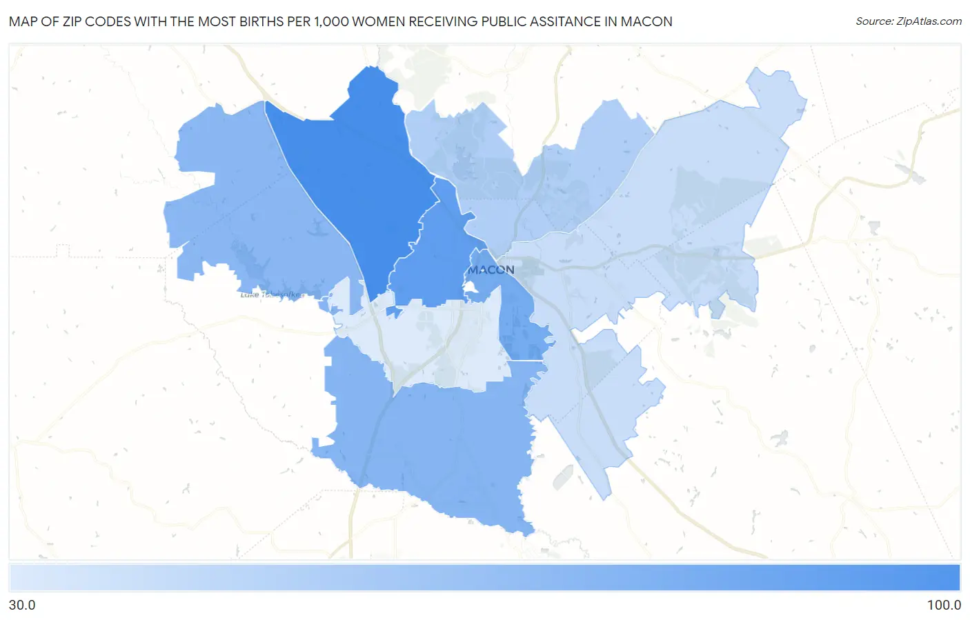 Zip Codes with the Most Births per 1,000 Women Receiving Public Assitance in Macon Map