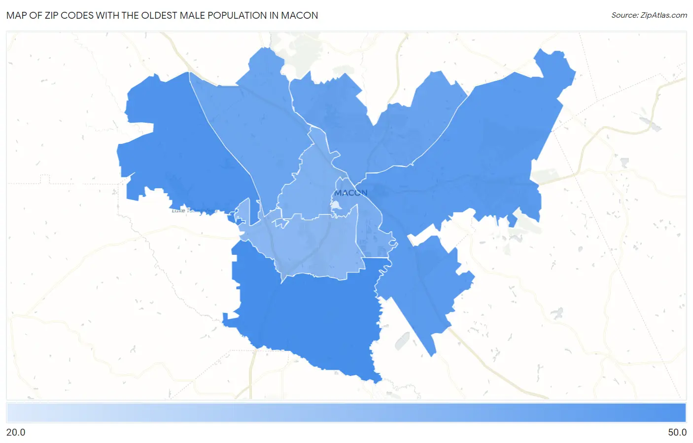 Zip Codes with the Oldest Male Population in Macon Map