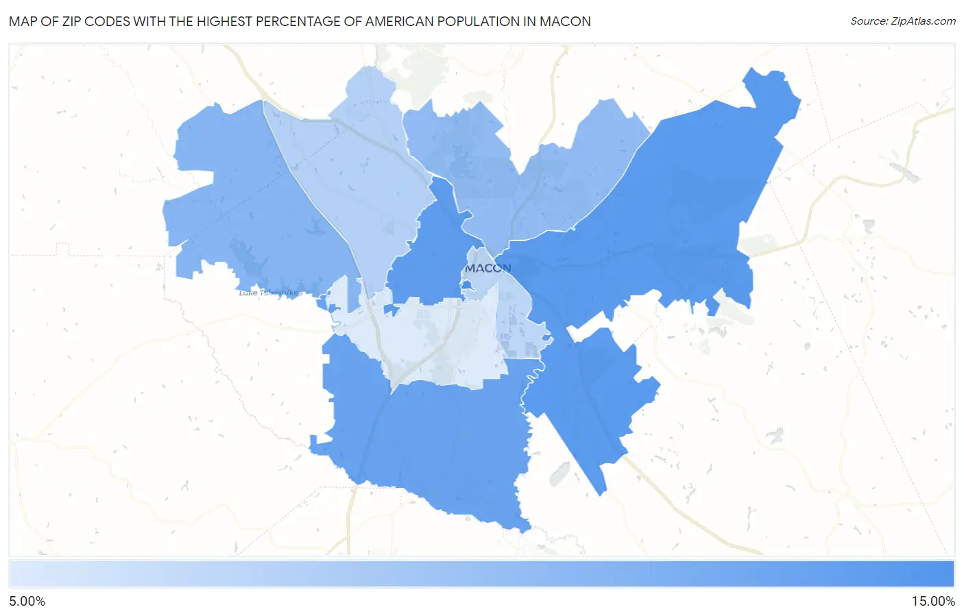 Zip Codes with the Highest Percentage of American Population in Macon Map