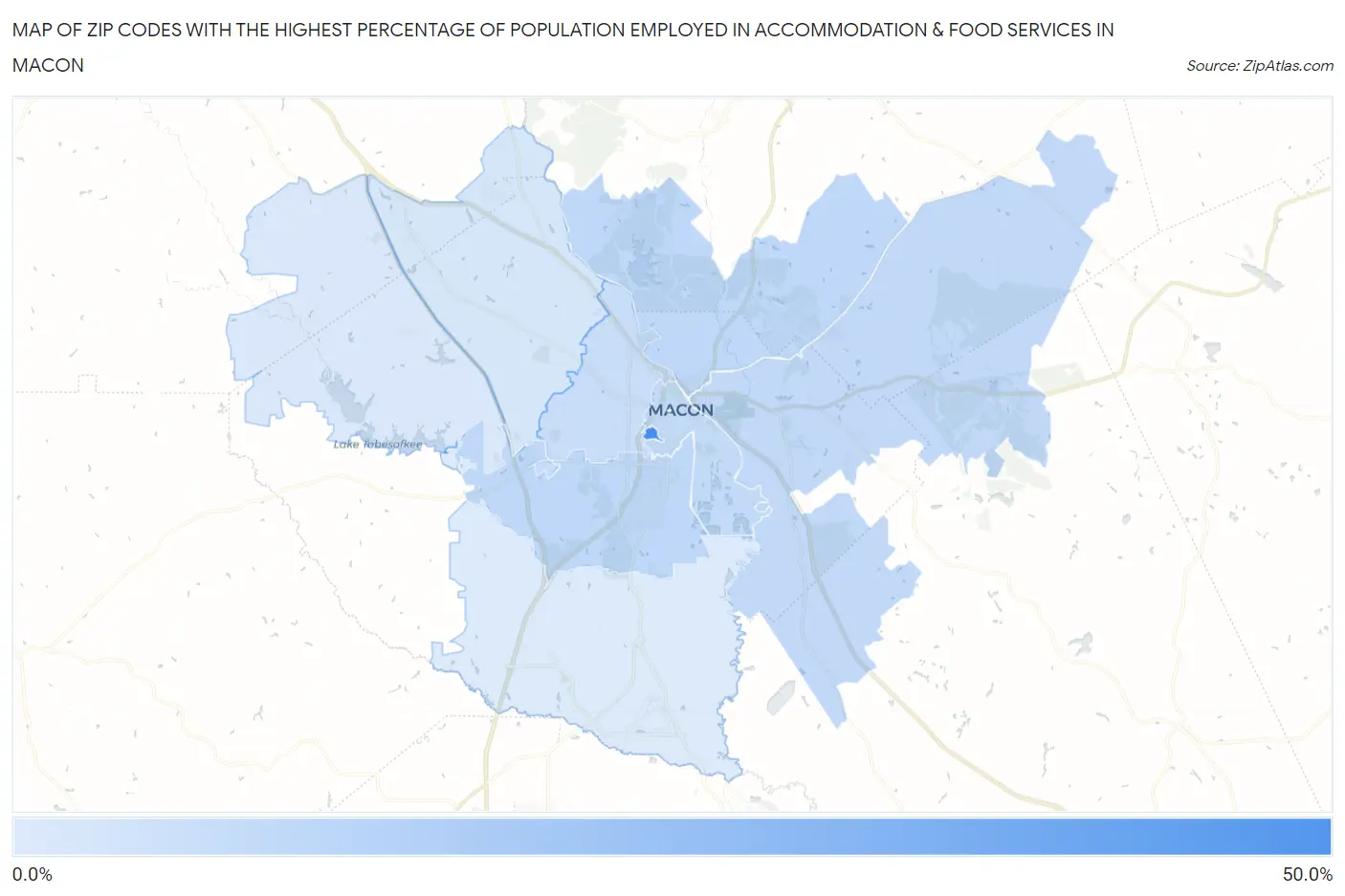 Zip Codes with the Highest Percentage of Population Employed in Accommodation & Food Services in Macon Map