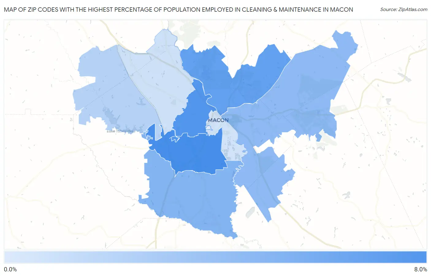 Zip Codes with the Highest Percentage of Population Employed in Cleaning & Maintenance in Macon Map