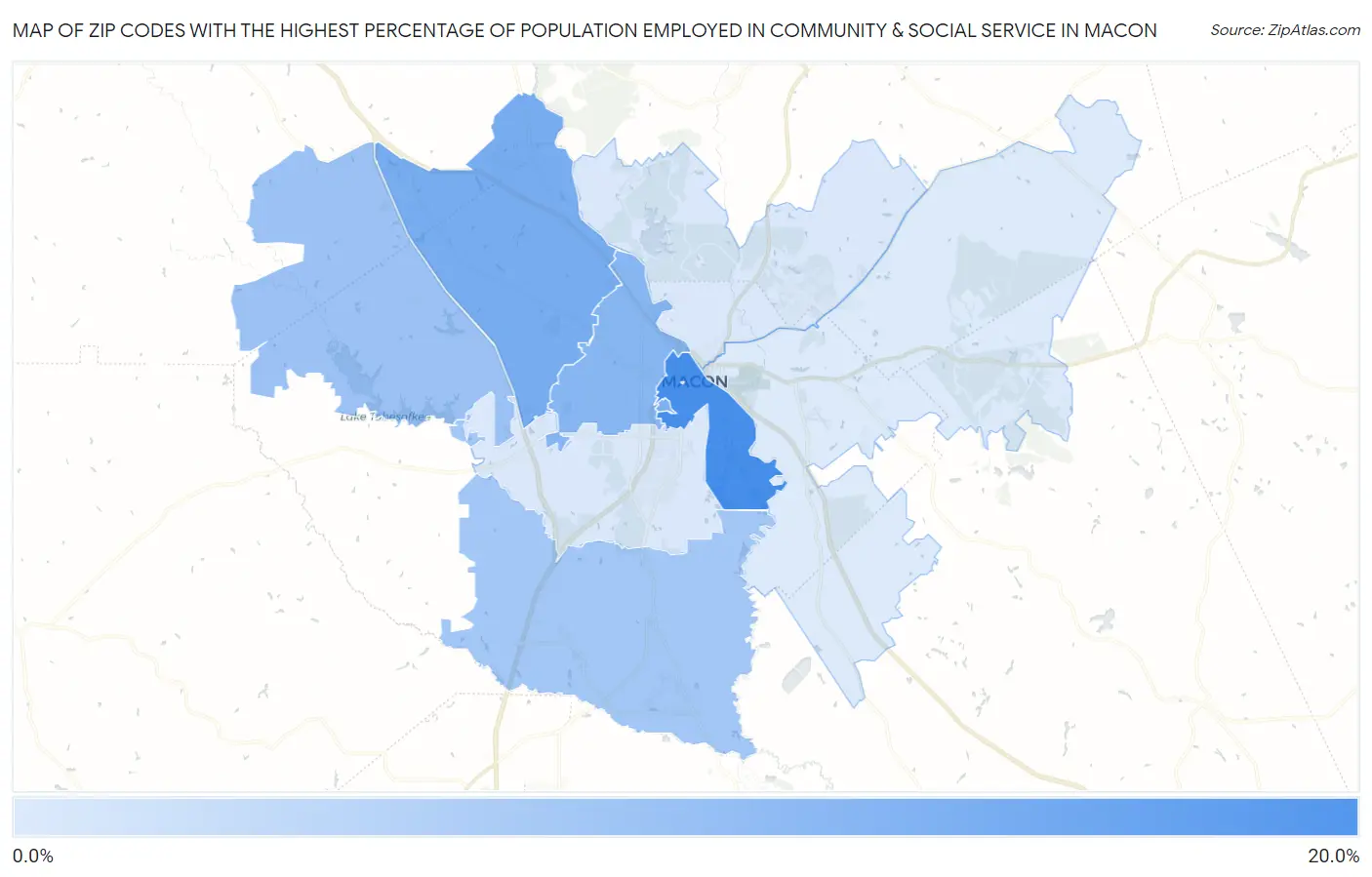 Zip Codes with the Highest Percentage of Population Employed in Community & Social Service  in Macon Map
