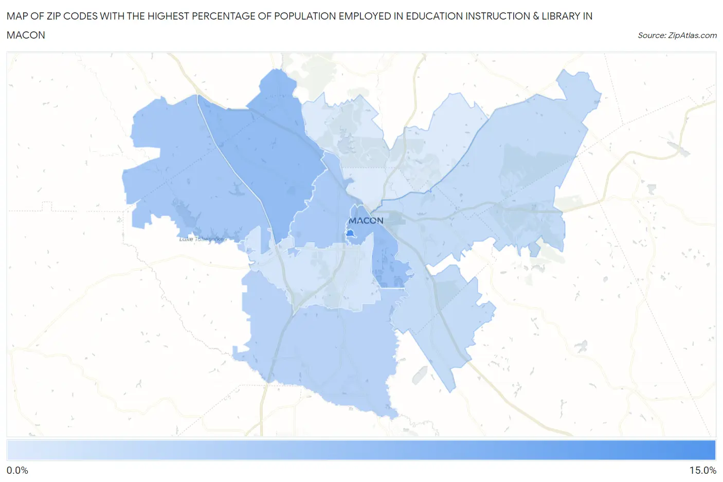 Zip Codes with the Highest Percentage of Population Employed in Education Instruction & Library in Macon Map