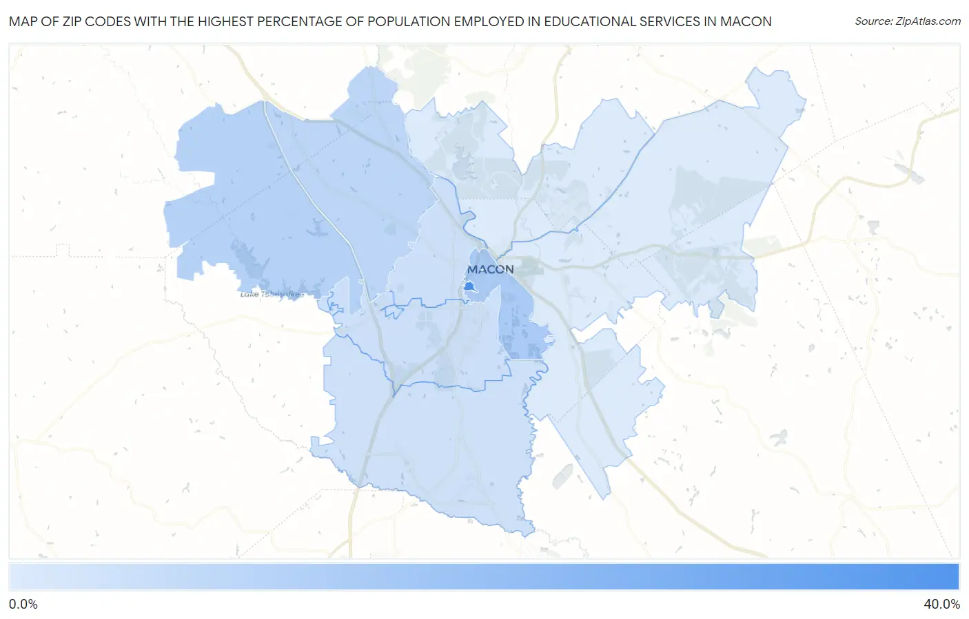 Zip Codes with the Highest Percentage of Population Employed in Educational Services in Macon Map
