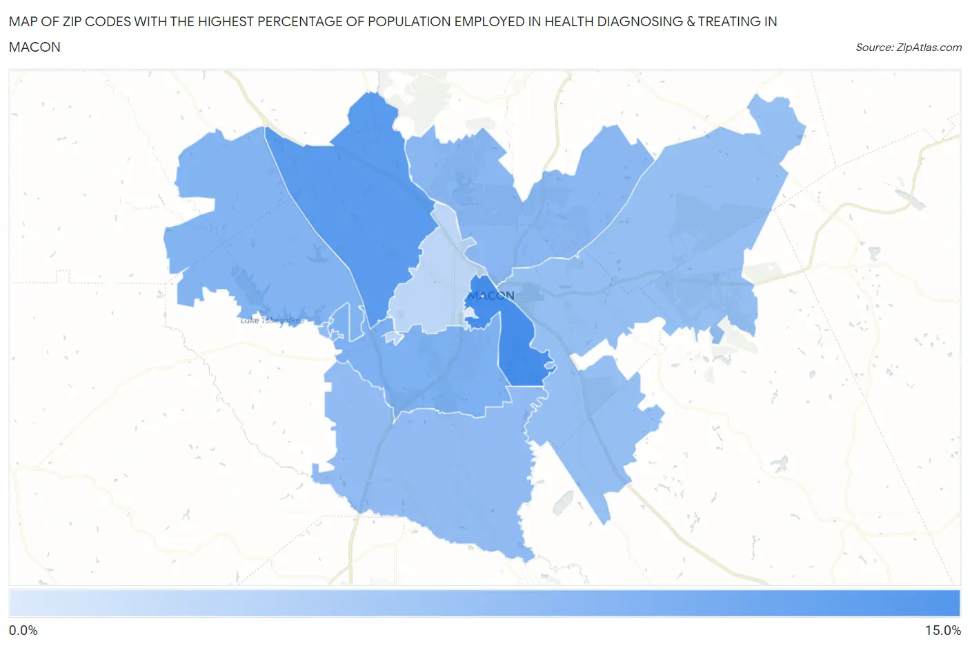 Zip Codes with the Highest Percentage of Population Employed in Health Diagnosing & Treating in Macon Map