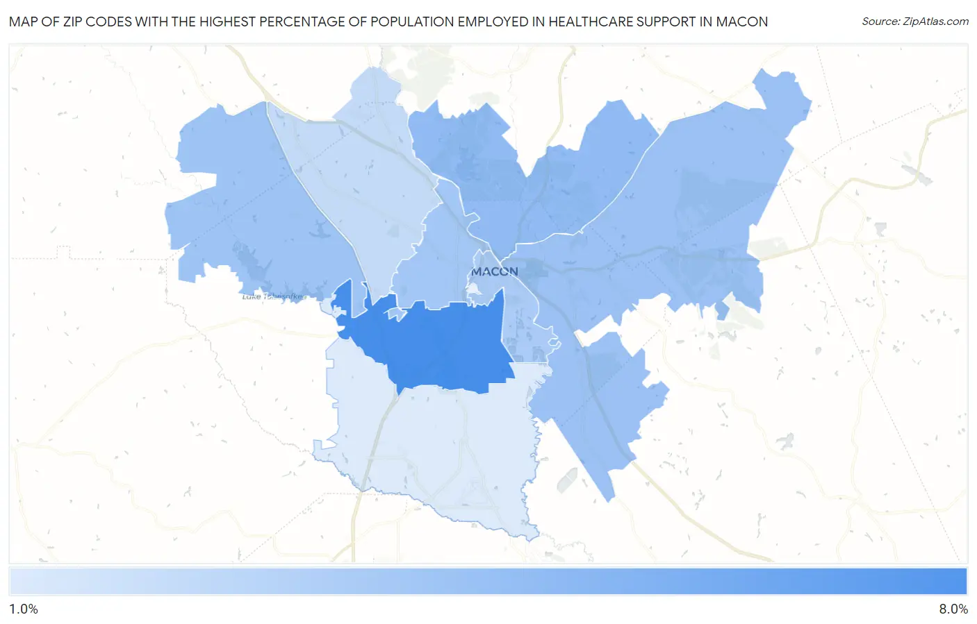 Zip Codes with the Highest Percentage of Population Employed in Healthcare Support in Macon Map
