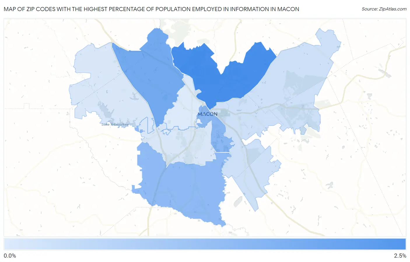 Zip Codes with the Highest Percentage of Population Employed in Information in Macon Map