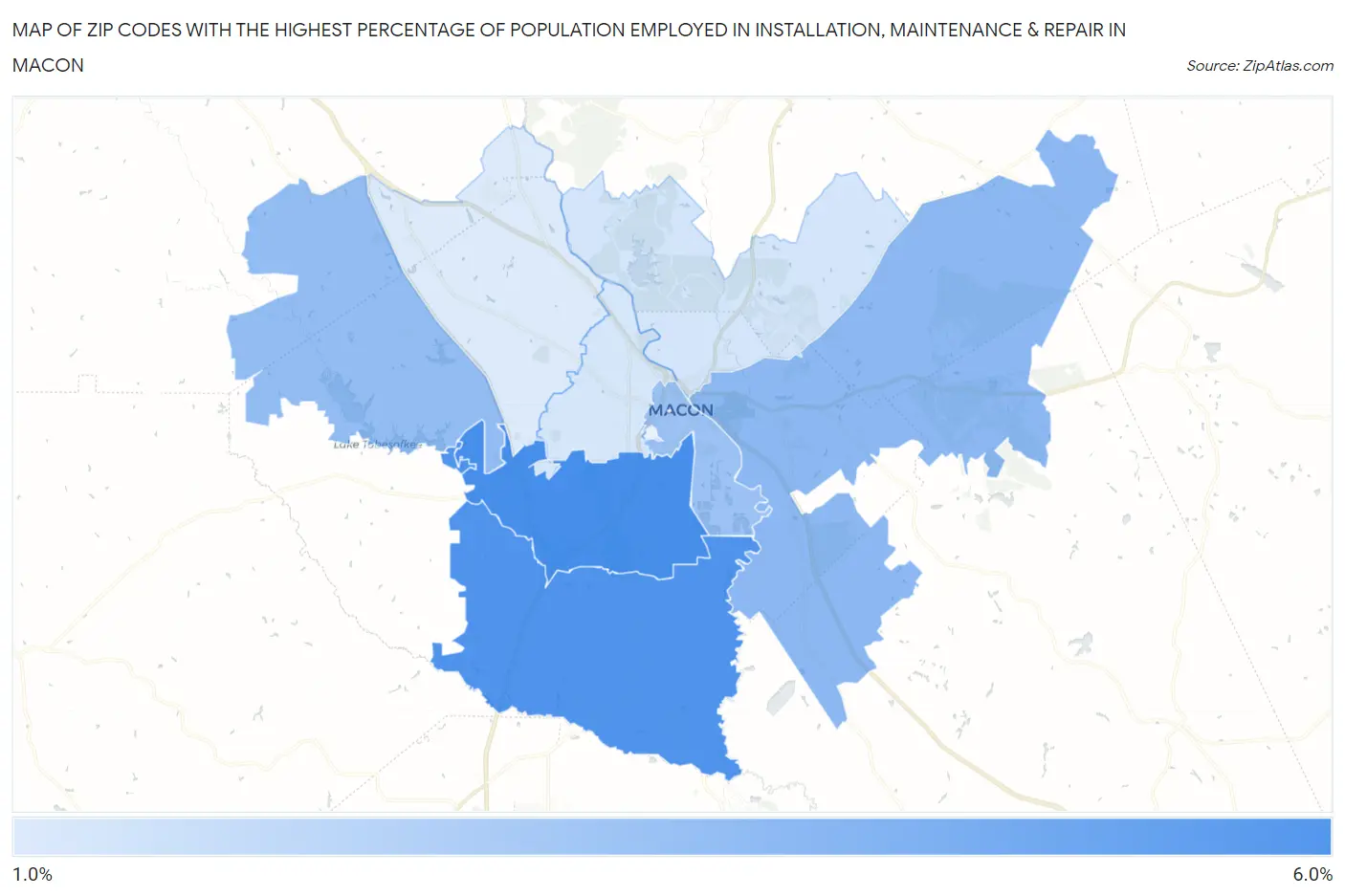 Zip Codes with the Highest Percentage of Population Employed in Installation, Maintenance & Repair in Macon Map