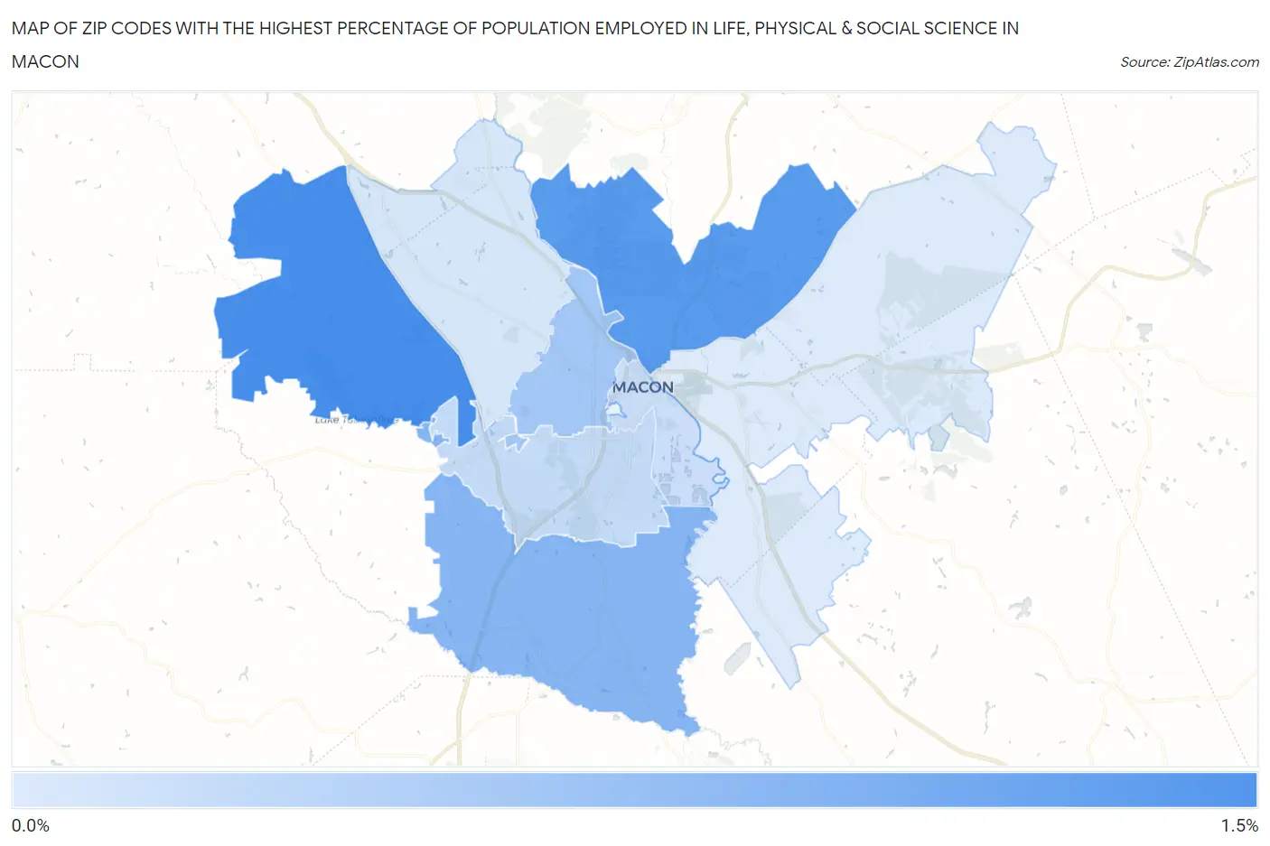 Zip Codes with the Highest Percentage of Population Employed in Life, Physical & Social Science in Macon Map