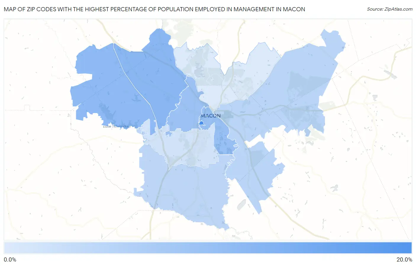 Zip Codes with the Highest Percentage of Population Employed in Management in Macon Map