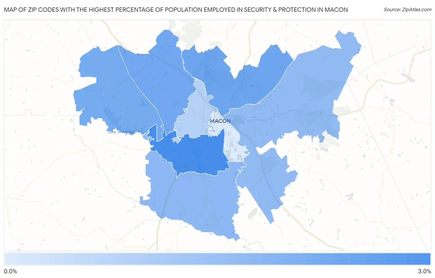 Zip Codes with the Highest Percentage of Population Employed in Security & Protection in Macon Map
