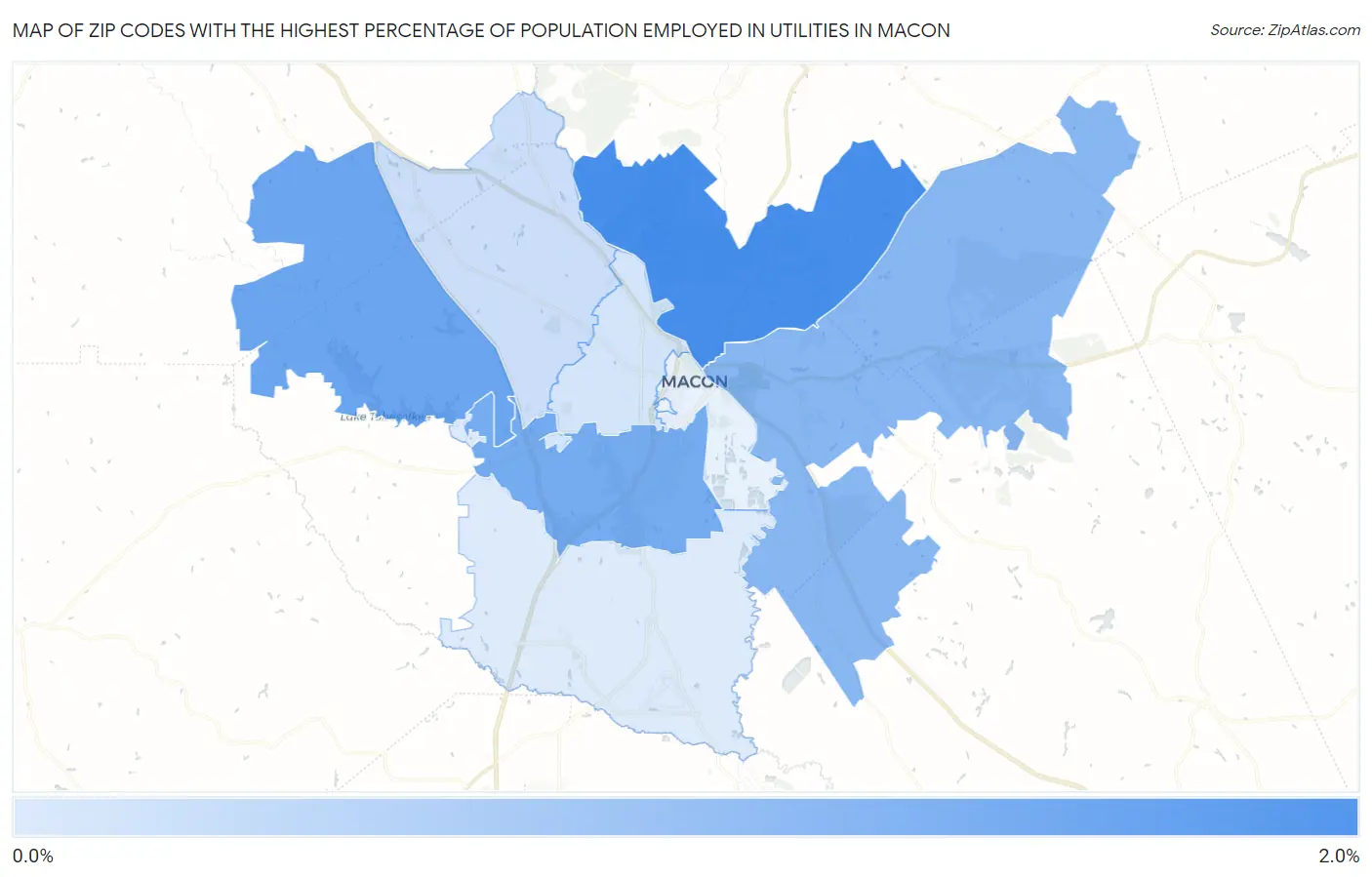 Zip Codes with the Highest Percentage of Population Employed in Utilities in Macon Map