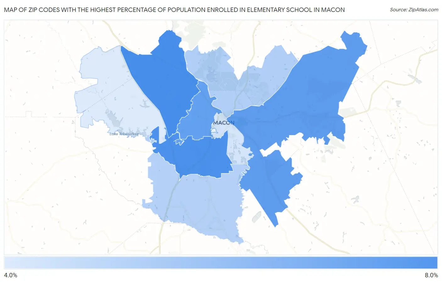 Zip Codes with the Highest Percentage of Population Enrolled in Elementary School in Macon Map