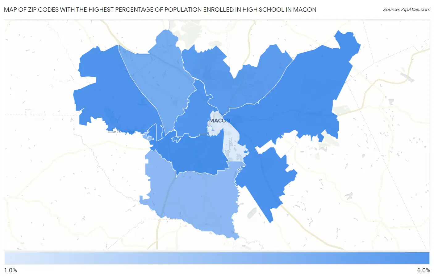 Zip Codes with the Highest Percentage of Population Enrolled in High School in Macon Map