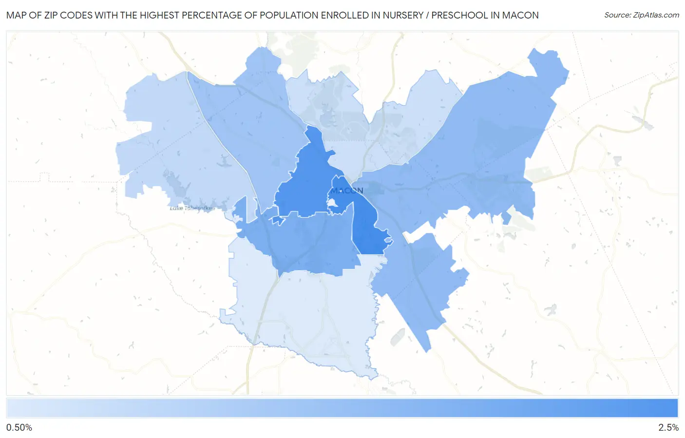 Zip Codes with the Highest Percentage of Population Enrolled in Nursery / Preschool in Macon Map
