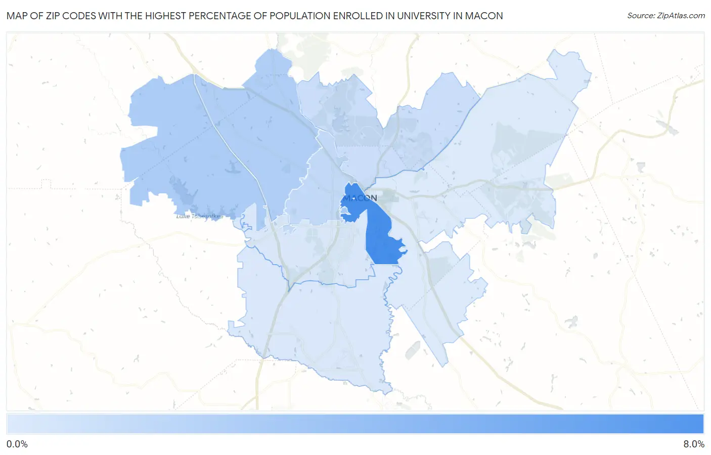Zip Codes with the Highest Percentage of Population Enrolled in University in Macon Map