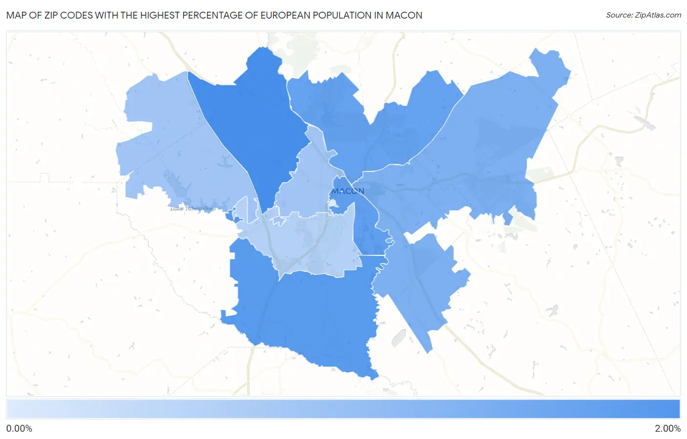 Zip Codes with the Highest Percentage of European Population in Macon Map