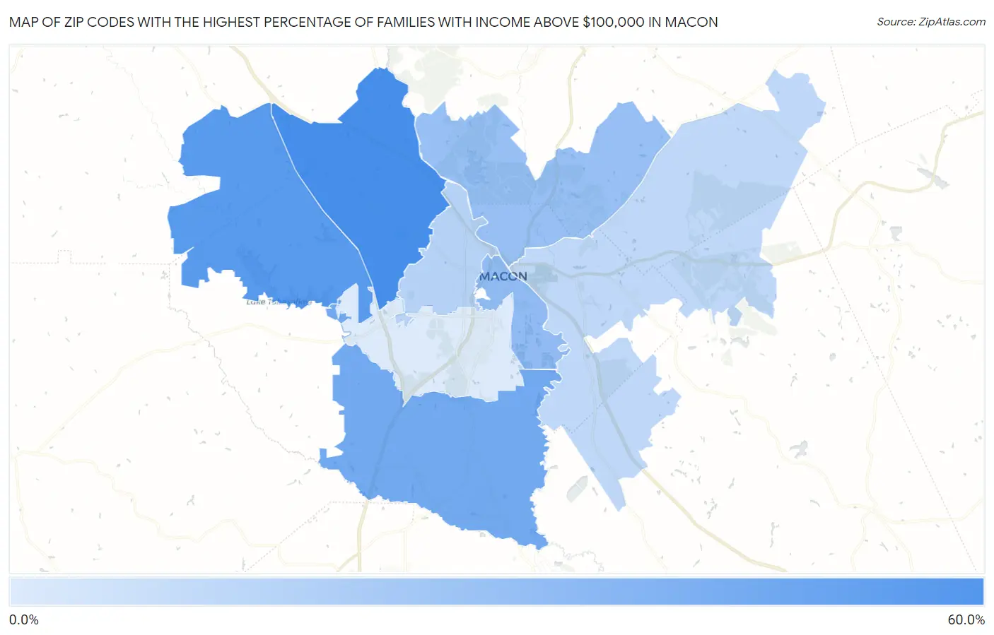 Zip Codes with the Highest Percentage of Families with Income Above $100,000 in Macon Map