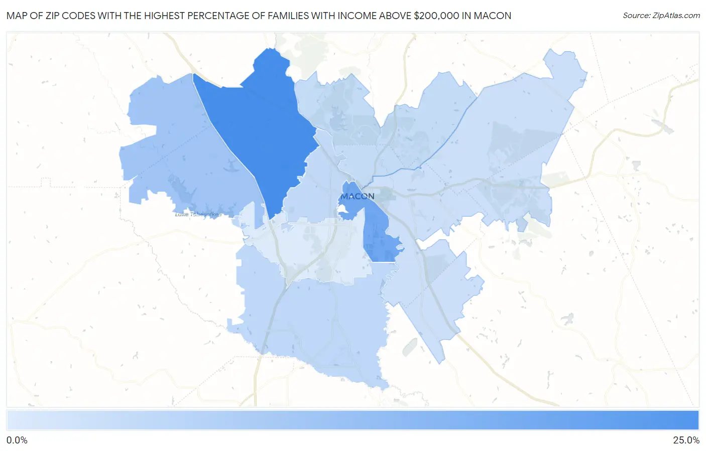 Zip Codes with the Highest Percentage of Families with Income Above $200,000 in Macon Map