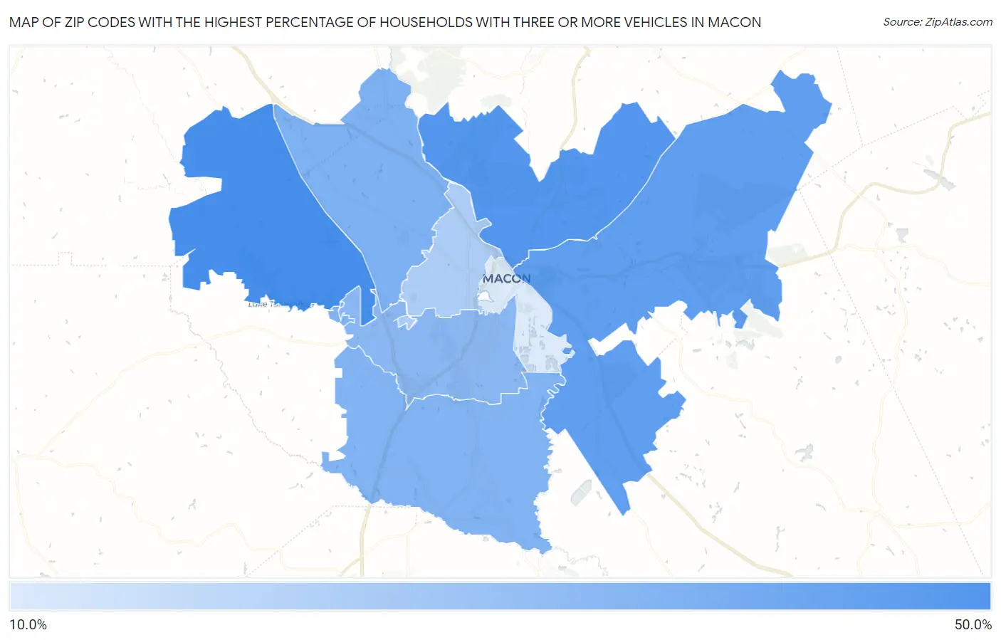 Zip Codes with the Highest Percentage of Households With Three or more Vehicles in Macon Map