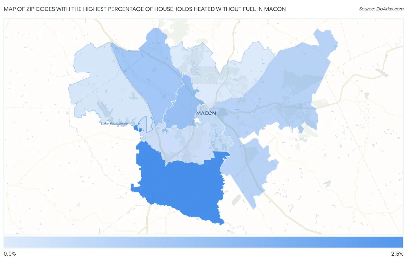 Zip Codes with the Highest Percentage of Households Heated without Fuel in Macon Map