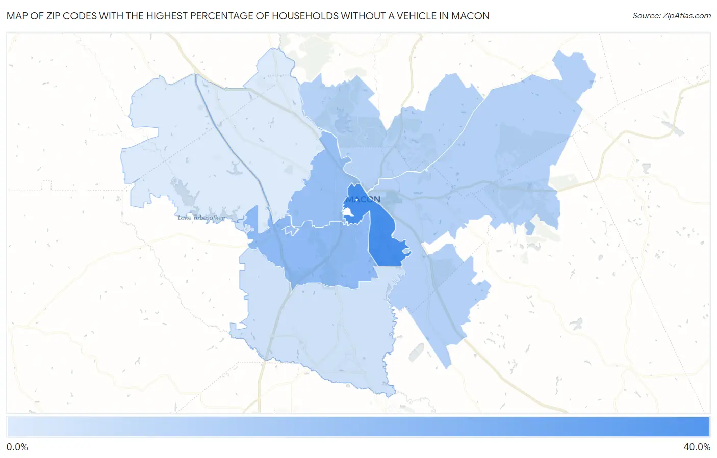 Zip Codes with the Highest Percentage of Households Without a Vehicle in Macon Map