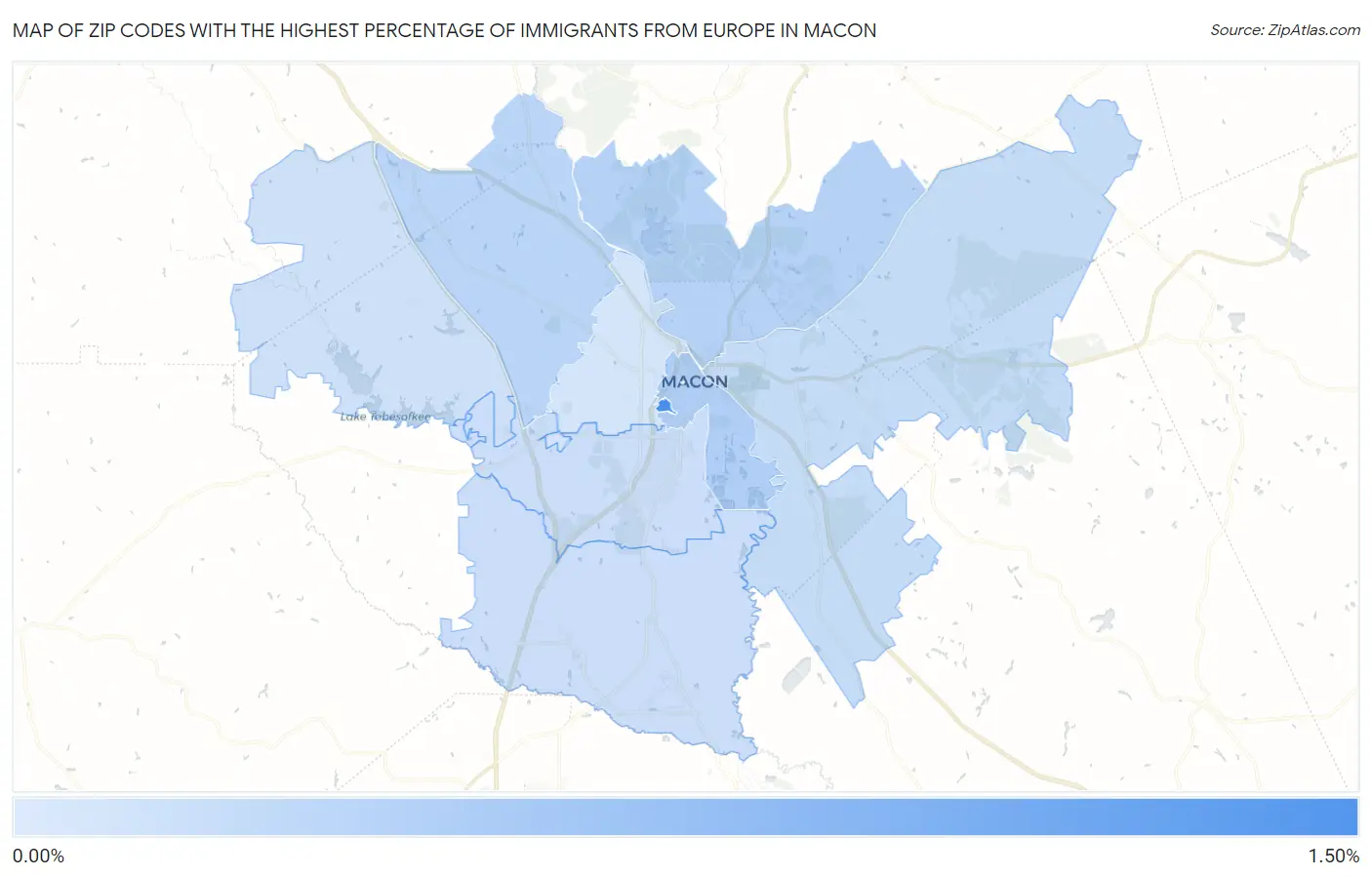 Zip Codes with the Highest Percentage of Immigrants from Europe in Macon Map