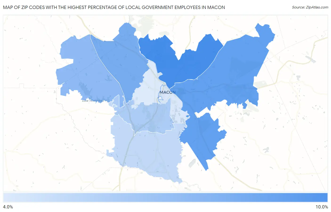 Zip Codes with the Highest Percentage of Local Government Employees in Macon Map