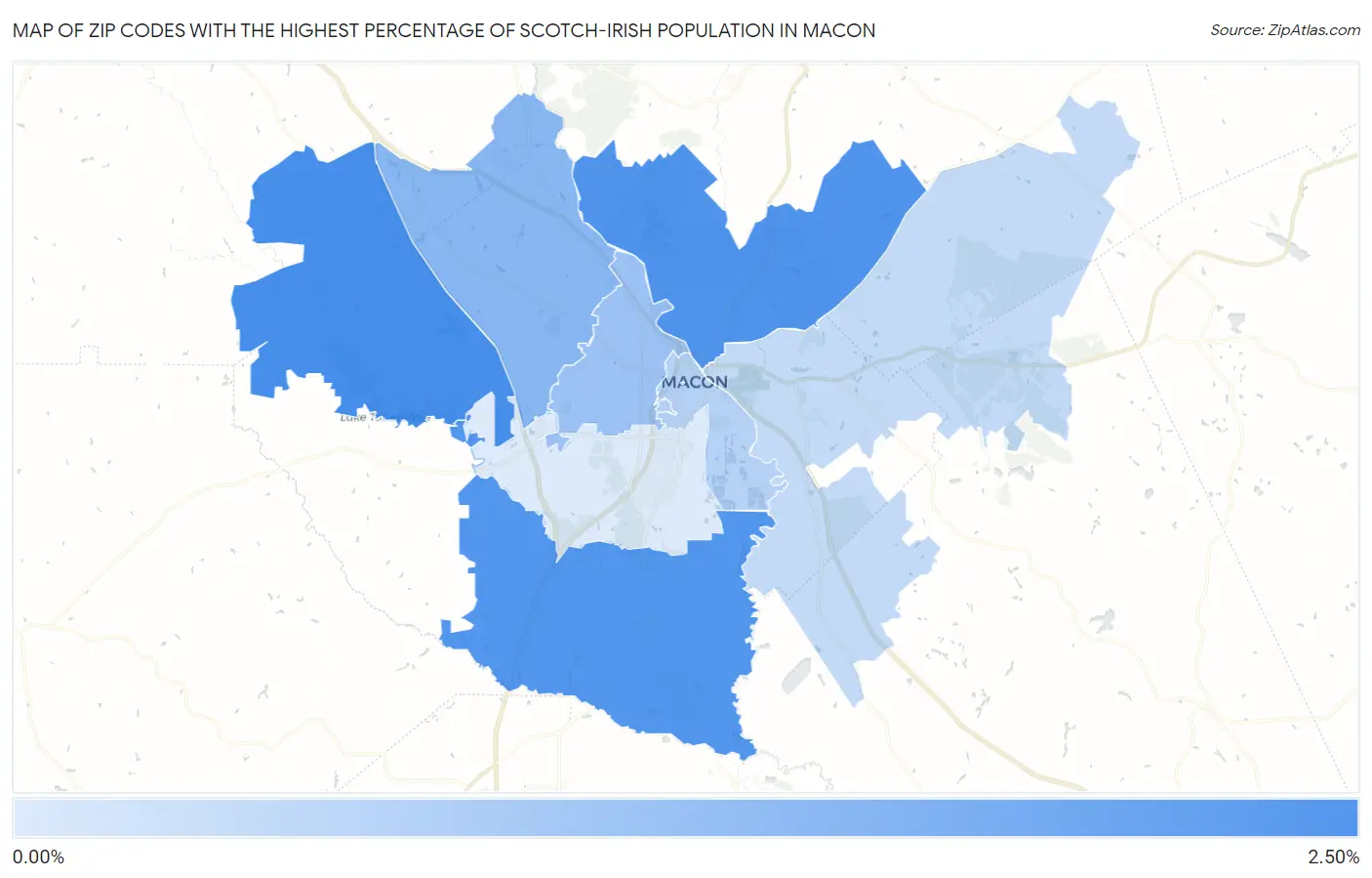 Zip Codes with the Highest Percentage of Scotch-Irish Population in Macon Map