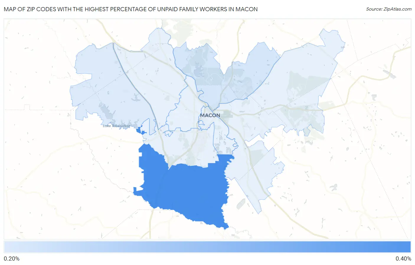 Zip Codes with the Highest Percentage of Unpaid Family Workers in Macon Map