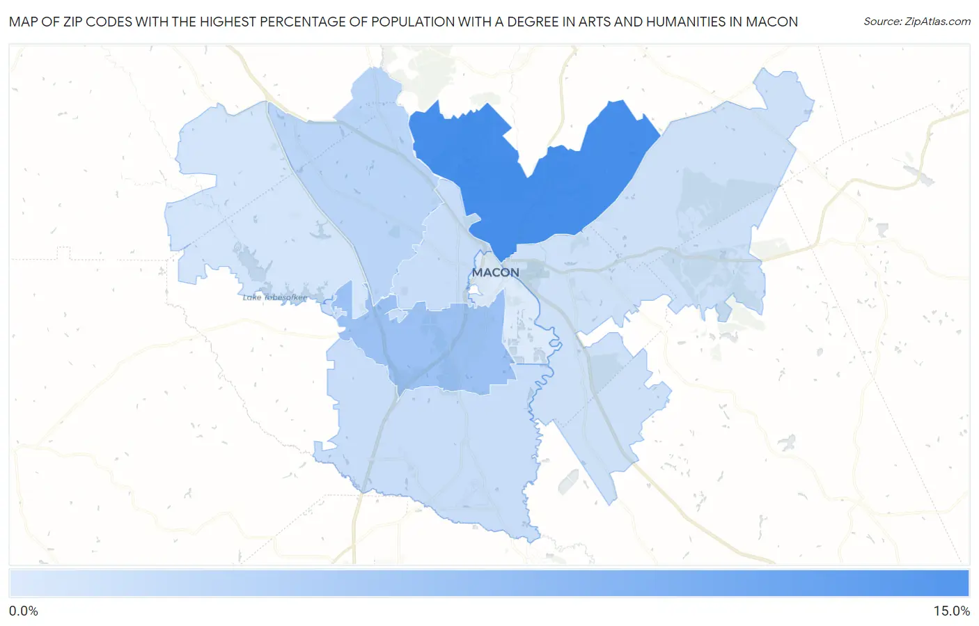 Zip Codes with the Highest Percentage of Population with a Degree in Arts and Humanities in Macon Map