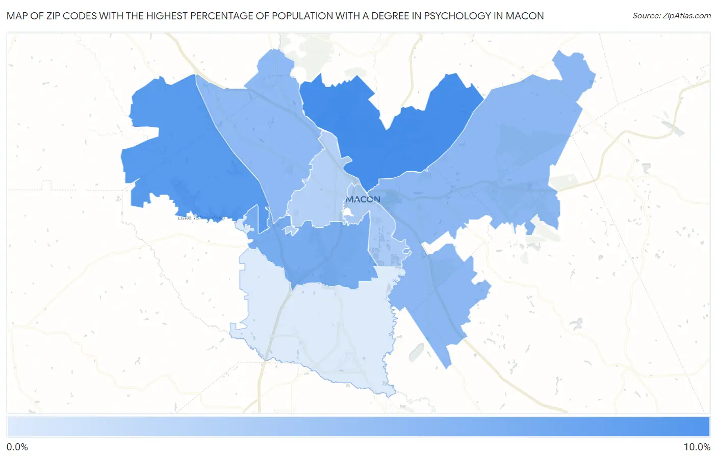 Zip Codes with the Highest Percentage of Population with a Degree in Psychology in Macon Map